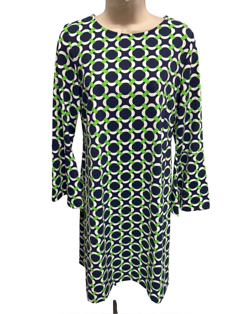 1059 / Katherine Way Geometric Chain Print Bell Sleeve Navy & Multicolored Small